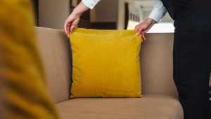 Cleaner plumping a cushion